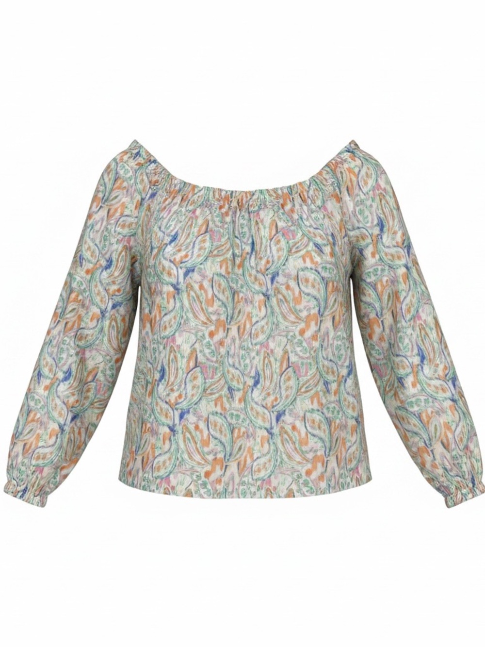 Shoshanna Off-Shoulder Paisley Blouse in Green, Blue & Peach